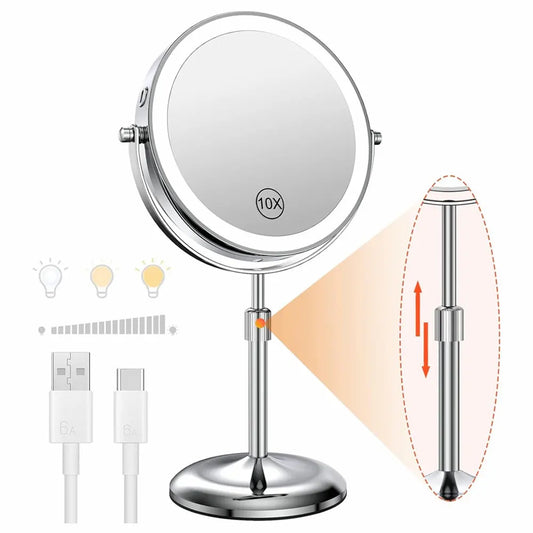 8-Inch LED Makeup Mirror – 10X Magnification, 3 Color Light Modes, Adjustable Brightness & Height