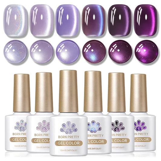 BORN PRETTY 6-Bottle Cat Eye Magnetic Gel Nail Polish Set – Purple, Pink & Blue Aurora Series