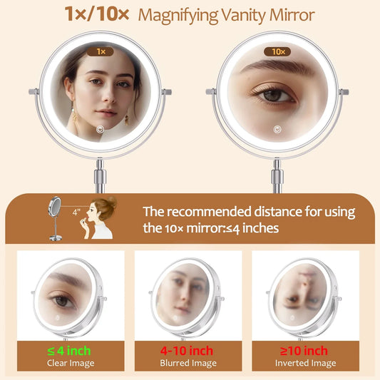 8-Inch LED Makeup Mirror – 10X Magnification, 3 Color Light Modes, Adjustable Brightness & Height