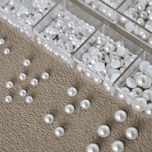 12-Grid Half Round Pearl Nail Charms – White Flatback Pearls (1.5–5mm) for 3D Nail Art