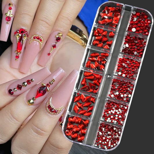 12-Grid Pink Mixed Nail Rhinestones – Luxury Crystal Nail Charms for DIY Manicure