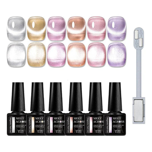 MEET ACROSS 7PCS Cat Magic Magnetic Gel Nail Polish Set – Sparkling Semi-Transparent Sea Blue Effect