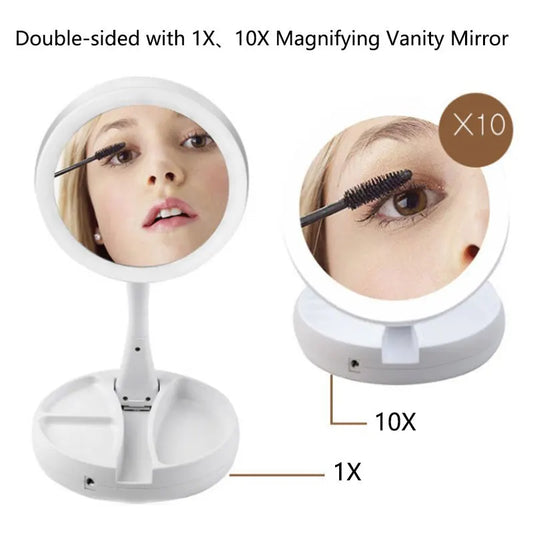 1X/10X Magnifying Vanity Mirror with LED Light – Flexible, Foldable Desk Makeup Mirror