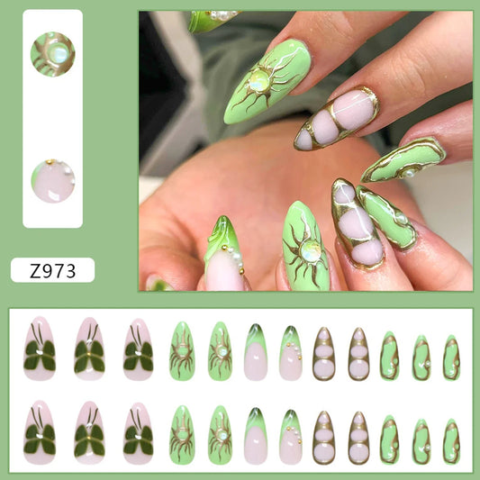 24PCS White Flower Press-On Nails – European Almond Shaped Full Cover Tips