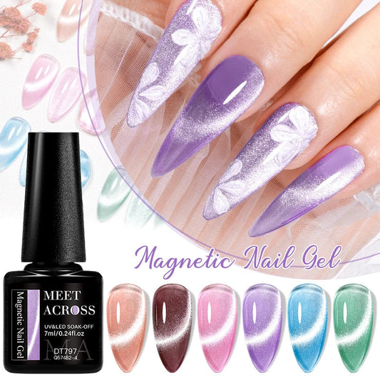 MEET ACROSS 7PCS Cat Magic Magnetic Gel Nail Polish Set – Sparkling Semi-Transparent Sea Blue Effect