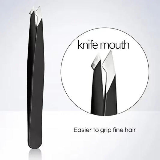 Black Stainless Steel Eyebrow Tweezers – Slant & Flat Tip Beauty Tools for Precision Hair Removal