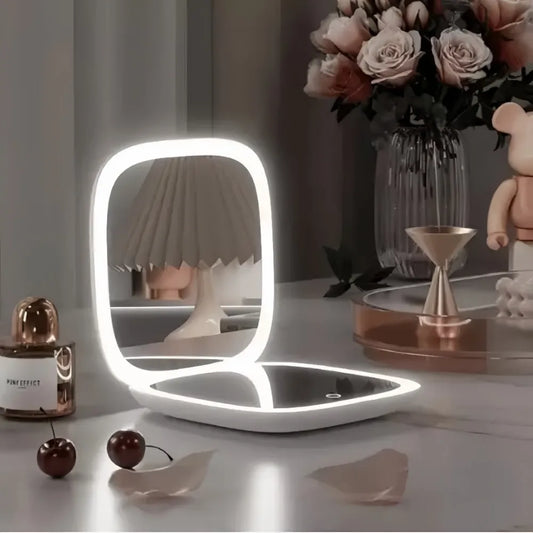 Double-Sided LED Makeup Mirror – 3X Magnification, Adjustable Color, USB Rechargeable & Folding Design