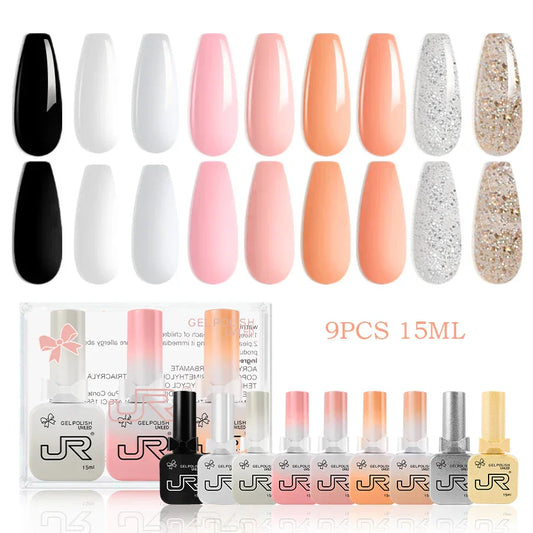 JR 9PCS 15ML Gel Nail Polish Set – Red, Pink & Nude UV/LED Soak-Off Kit with Base & Top Coat